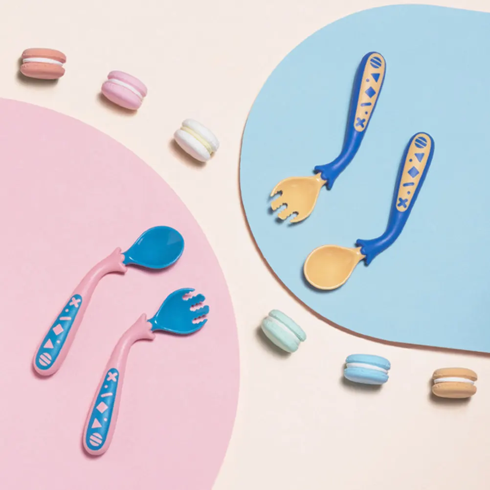 

1Set Baby Feeding Fork Spoon Set Bendable PP Tpe Stainless Steel Material Cartoon Design Bright Color for Grasp Training Hand