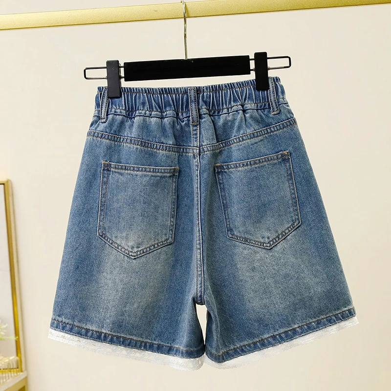 Lace trim denim shorts summer new women Korean version elastic high waist slimming fashion versatile wide leg A-line pants
