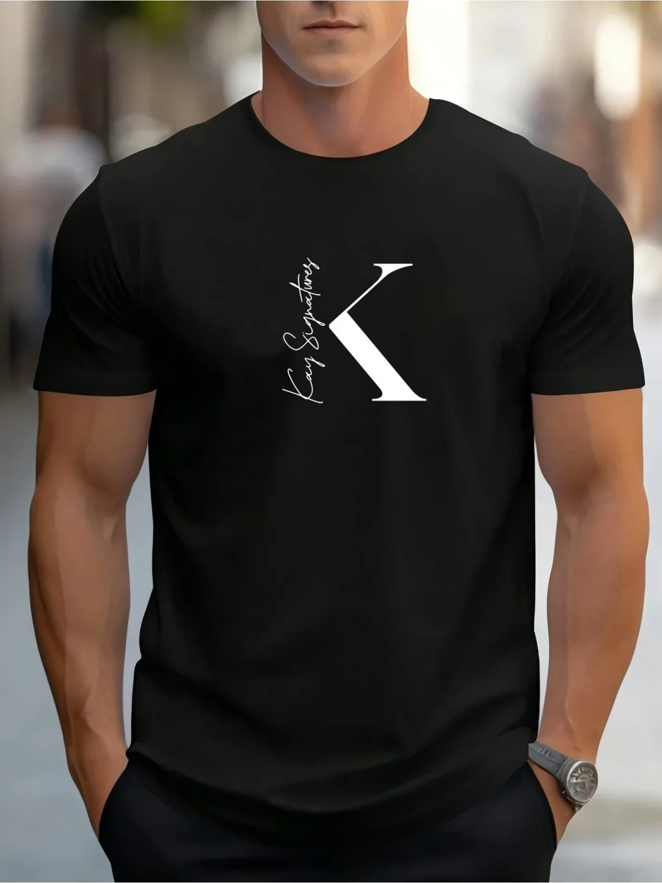 Fashion Men's K Letter Kay Signature Graphic T-Shirt Simple Style 3D Print Short Sleeve Tee Casual Daily Basic Tops
