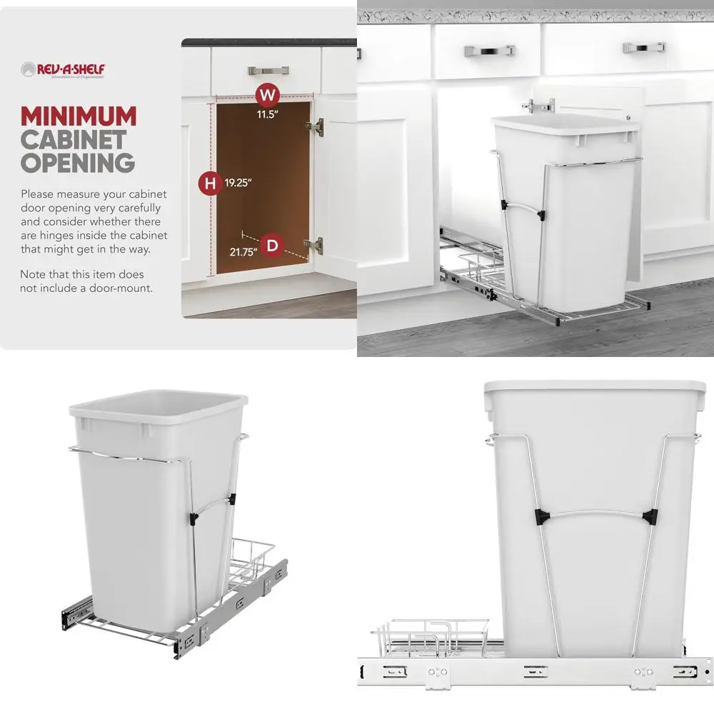 

35-Quart Pull-Out Trash Can with Full Extension Slides, White Kitchen Waste Bin