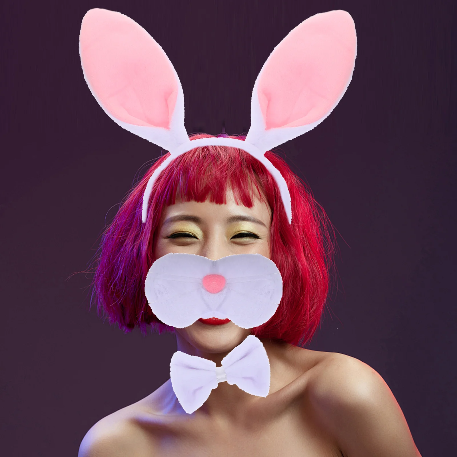 1 Zestaw Opaska z Uszami Królika Akcesoria do Cosplay Kostium Królika Wielkanocnego Nos Muszka Ogon Rekwizyty na Imprezę Akcesoria do Kostiumu Wielkanocnego