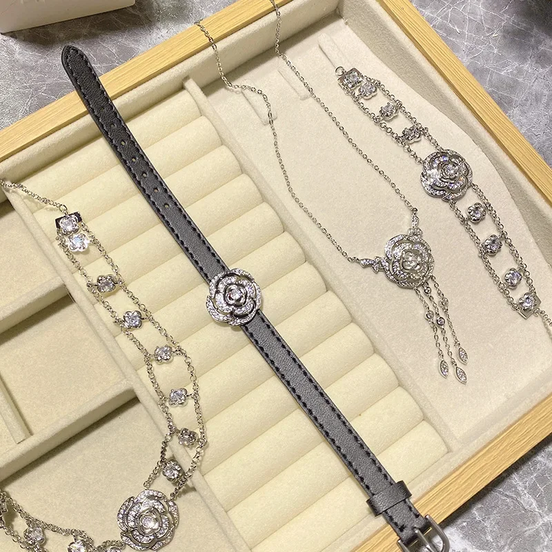 

MDLMoissanite1style sparkling rose flower watch jewelry gold-plated camellia zirconia full diamond tassel set