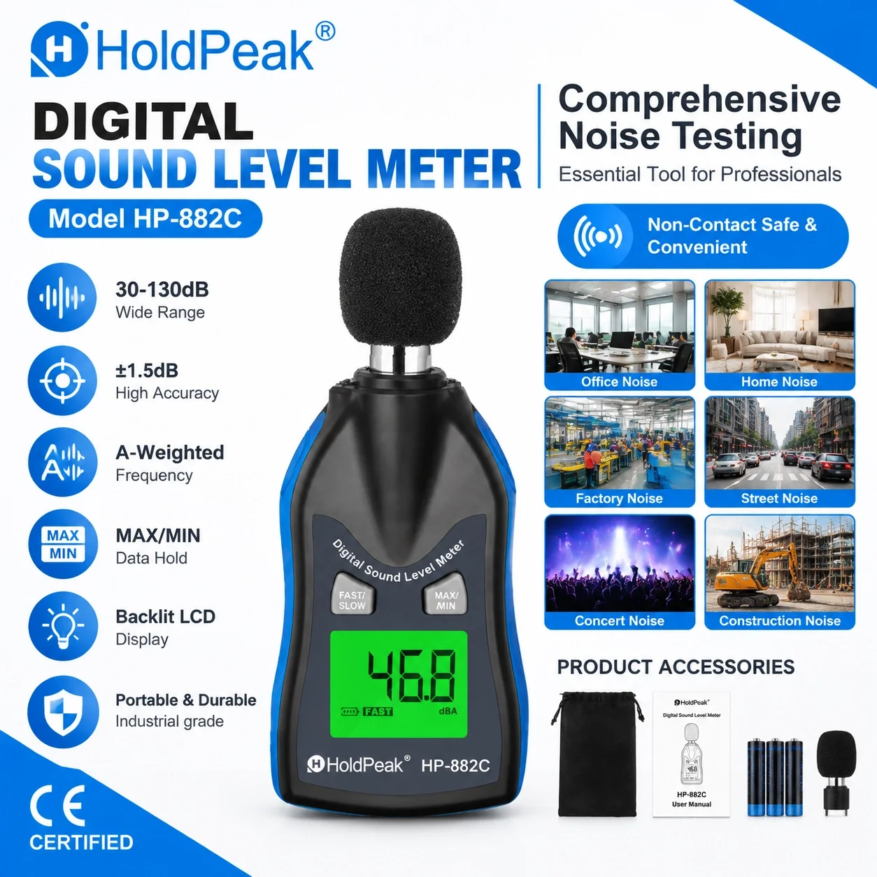 HoldPeak 882C Digital Sound Level Meter 30-130dB Decibel Tester FAST/SLOW MAX/MIN Hold Auto Backlight Portable