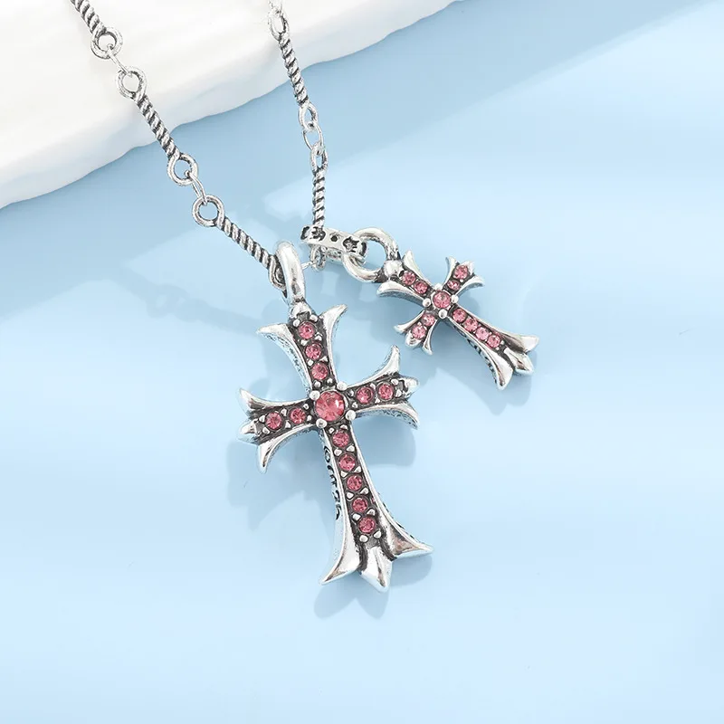 2024 New Vintage Double Cross Pendant Necklace Kpop Shiny Rhinestone Twist Chain Necklace for Women Collar Chain Y2K Accessories