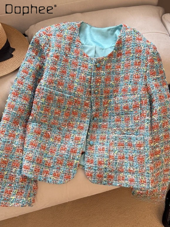 

Korea Fashion Blue Green Plaid Round Neck Tweed Jackets for Women New Spring Autumn High-end Bright Silk Loose Casual Jacket