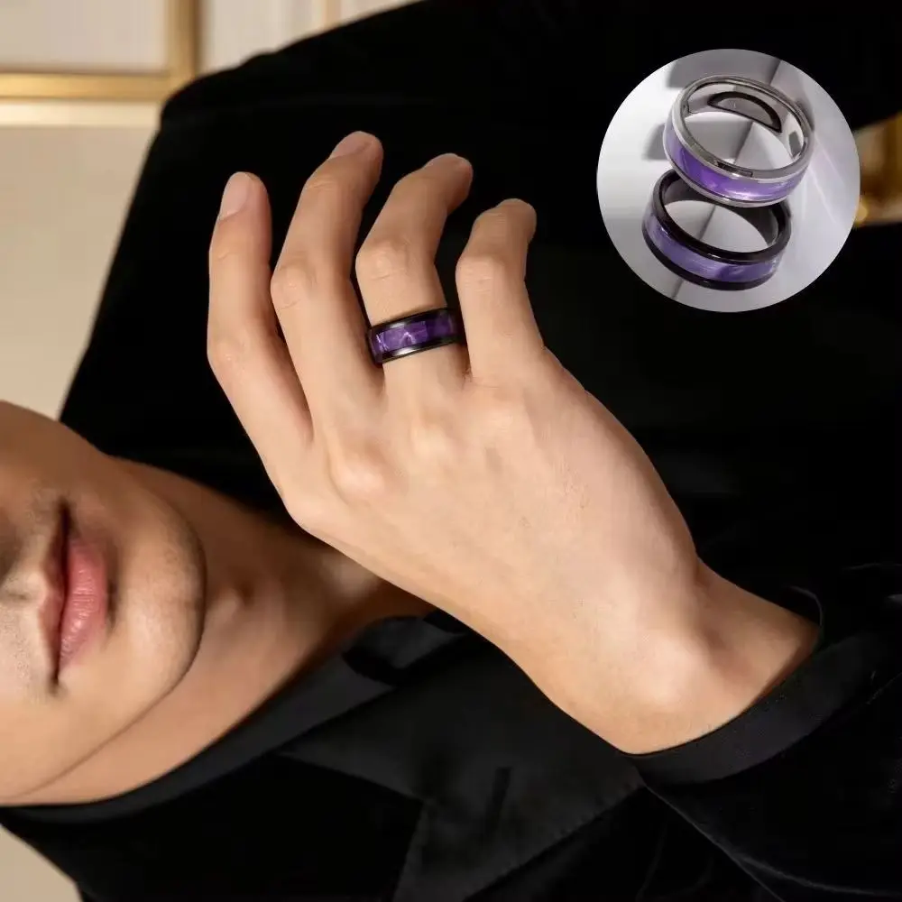Trendy Stainless Steel Band Ring Purple Imitation Shell Design Men Women Wedding Engagement Wholesale Sizes 6-13
