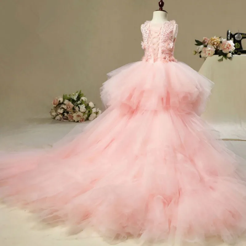 Elegant Long Trailing Appliques First Communion Dress Pink Tulle Ball Gown Girls Pageant Gown Flower Girl Dress for Weddings