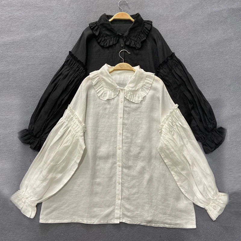 Johnature Linen Women Shirts 2024 Spring Autumn New Thin Vintage Turn-down Collar Ruffles Loose Female Female Blouses