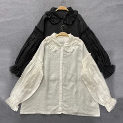 Johnature Linen Women Shirts 2024 Spring Autumn New Thin Vintage Turn-down Collar Ruffles Loose Female Female Blouses