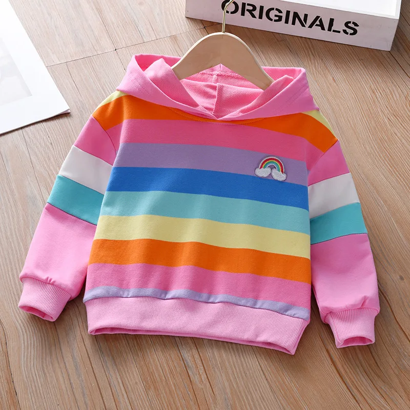 

Girls' Hooded Sweatshirt For Casual Wear 2025 New Style Stylish Children's Rainbow Striped Top Spring/Autumn Gril Clothes