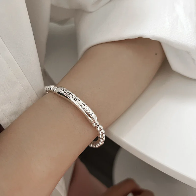PANJBJ 여성용 실버 컬러 레터 팔찌, 여아용 구슬, 다목적 탄성 로프, 트렌드 조절식 쥬얼리 선물, 직송