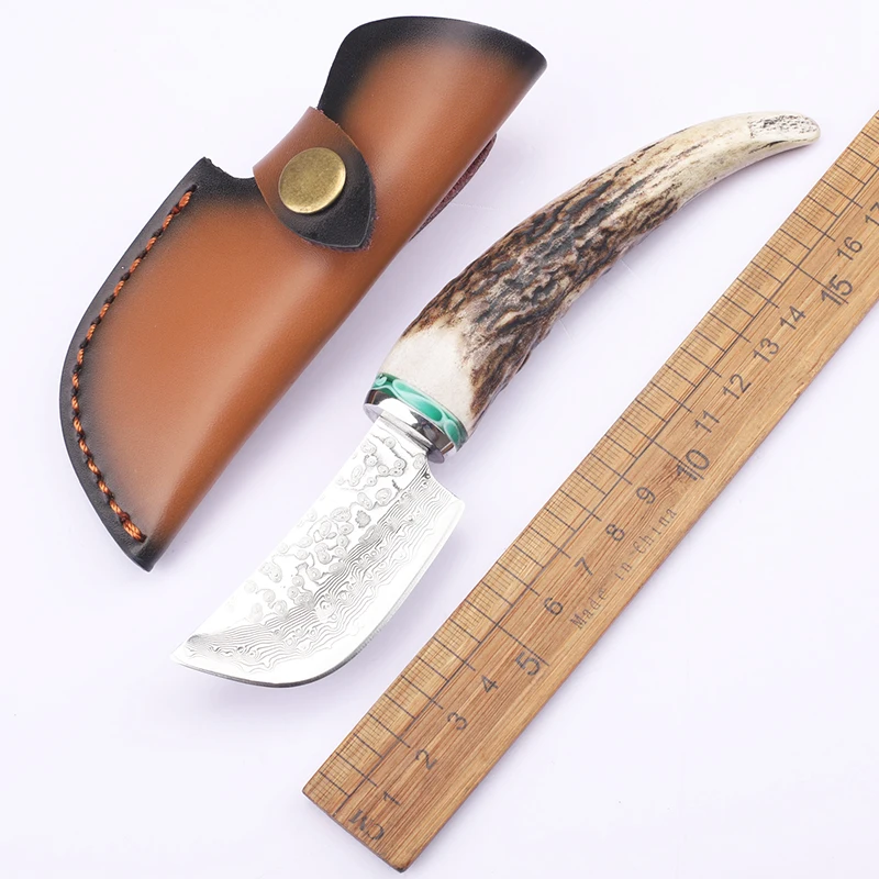 

New VG10 Damascus pattern steel fixed knife antler handle fishing survival cutting fruit EDC tool knife