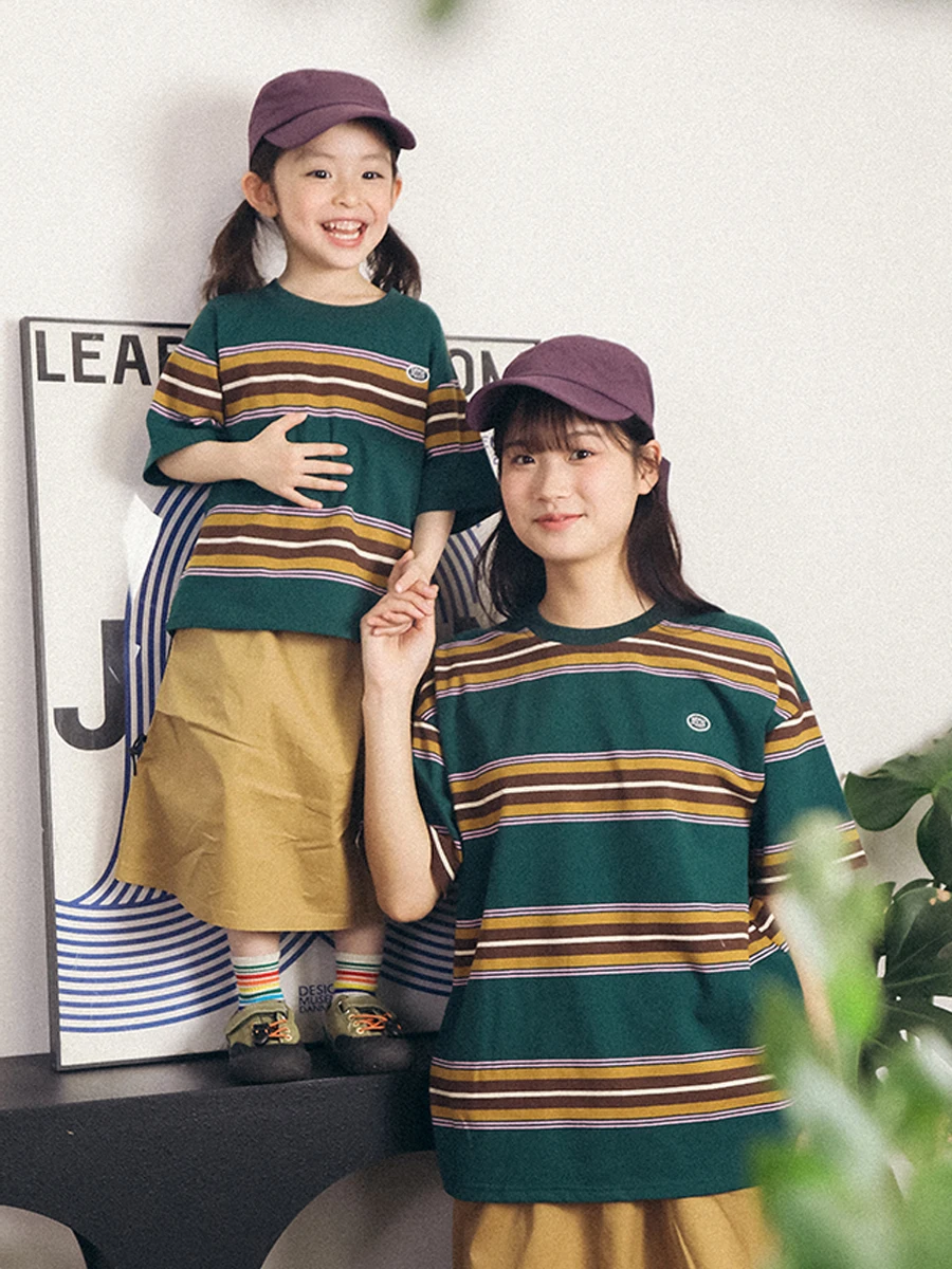 Pure Cotton Striped Short Sleeve T-Shirt Loose Fit Children's Top for Girls Summer New Style Parent-Child Matching Clothing