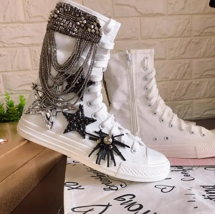 Luxury Beading Tassel Gemstone Pentagram Canvas Cloth Ankle Boots Shoes Female High Top Lace- Up Sneaker Street outfit Shoes