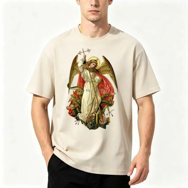 Summer men's linen fashion casual American vintage style holy light slaying evil dragon dark color black comfortable T-shirt