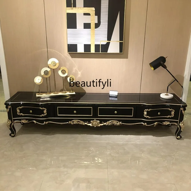 M71 European Entry Lux Solid Wood TV Cabinet Living Room Neoclassical Luxury Carved Curio Cabinet Violet Floor Cabinet