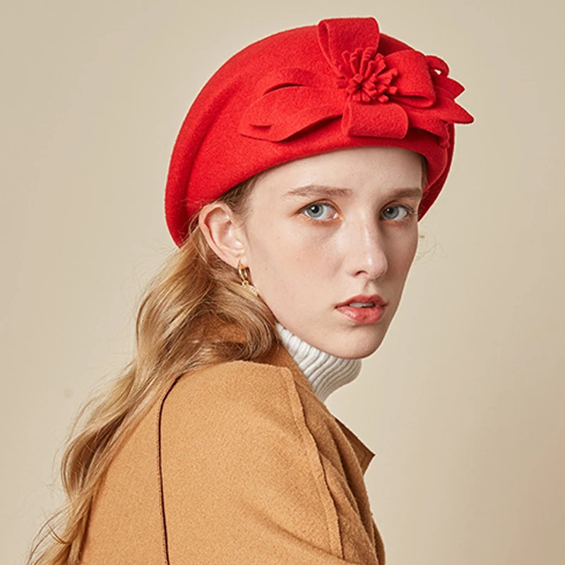 

Hat ladies autumn and winter wool beret temperament flower flight attendant hat dome fashionable versatile top hat