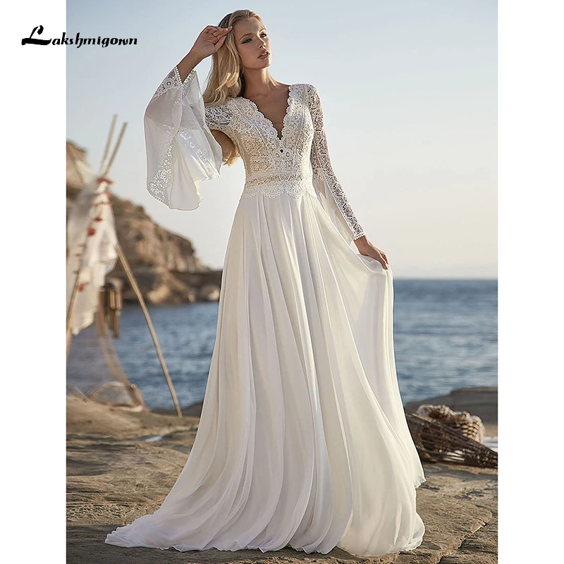 Praia boho com decote em v sexy sem encosto completo alargamento manga rendas apliques a linha vestidos de casamento chiffon vestidos de noiva varredura vestido