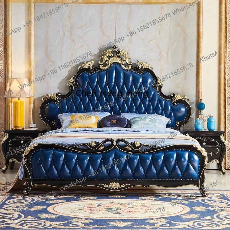 

Solid wood bed leather ebony light luxury master bedroom bed villa furniture