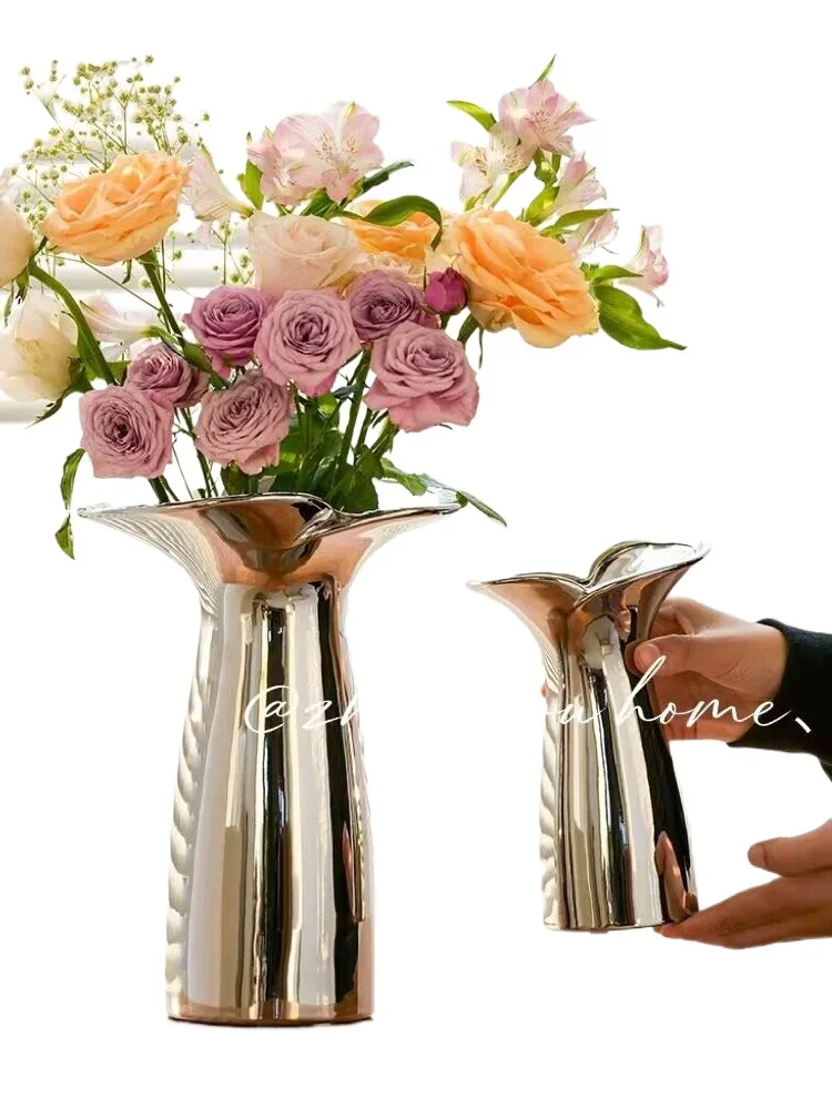 Light luxury high-end silver soft decoration, living room high-end model, room vase, living room dining table ornament