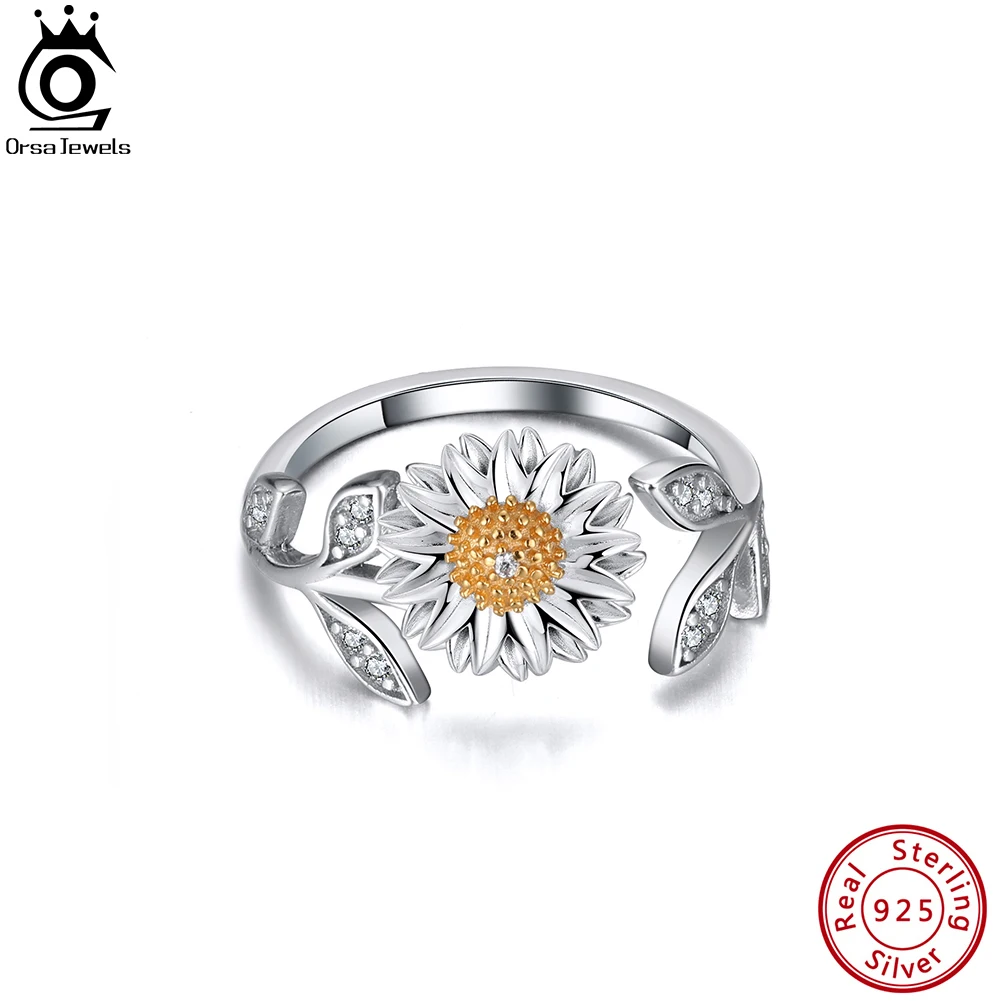 

ORSA JEWELS Exquisite 925 Sterling Silver Sunflower Design Finger Rings for Women Adjustable Flower CZ Open Rings Jewelry SR314