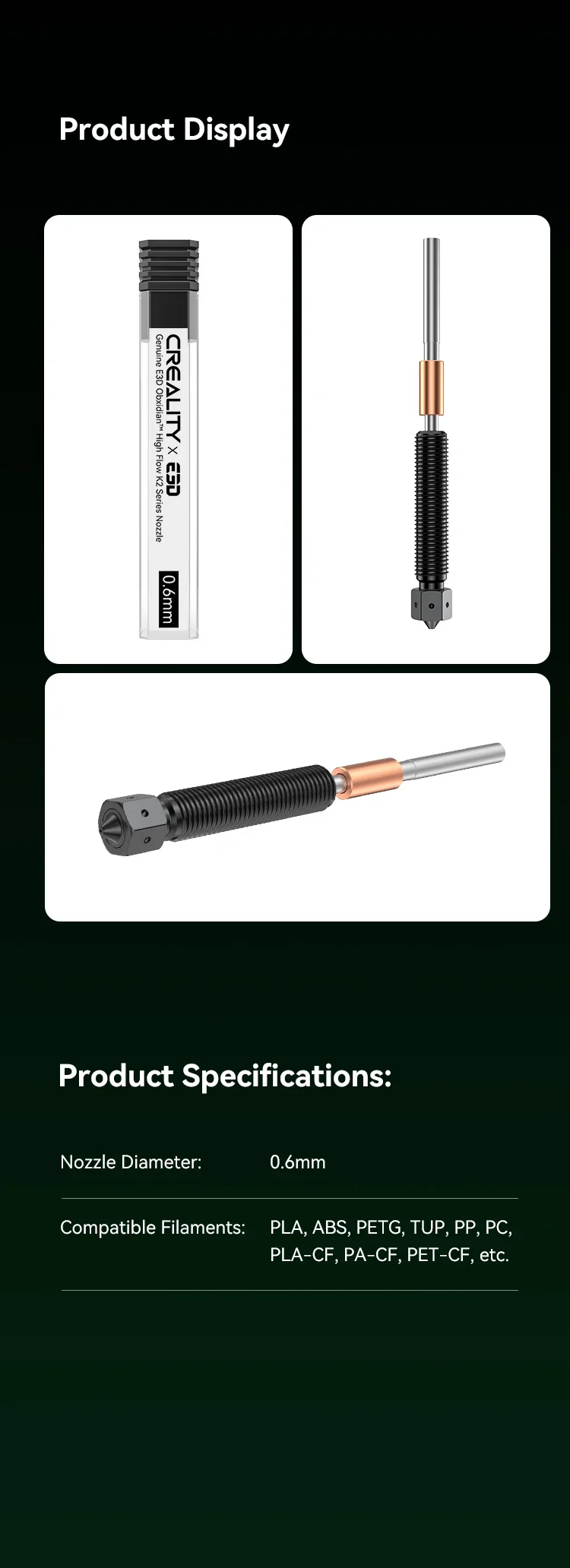 Creality E3D Obxidian Nozzle 0.4mm 0.6mm 0.8mm for K2 Plus