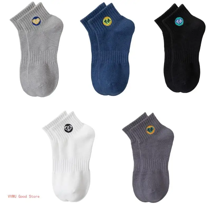 5 Pairs Mens Plain Letter Embroidery Sport Ankle Socks Ribbed Cuff Stretch Short Tube Socks Casual Cotton Athletic Socks