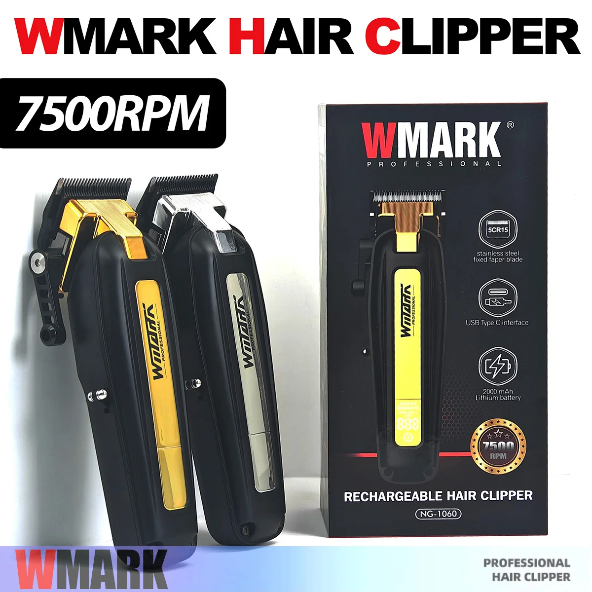 WMARK NG-1060 Gold & Silver Oil-Headed Gradient Electric Cordless Hair Clipper 7500RPM High Power Hair Salon Men's Hair Trimmer