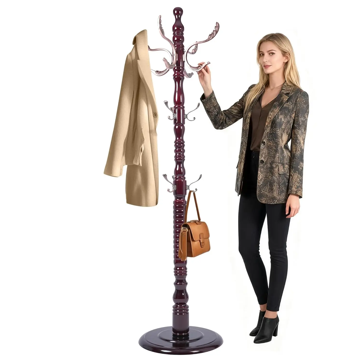 #73 Wooden Coat Rack Freestanding, Coat Rack Stand With 18 Hooks And Round Solid Wood Base,Adjustable Height, Easy, Customized