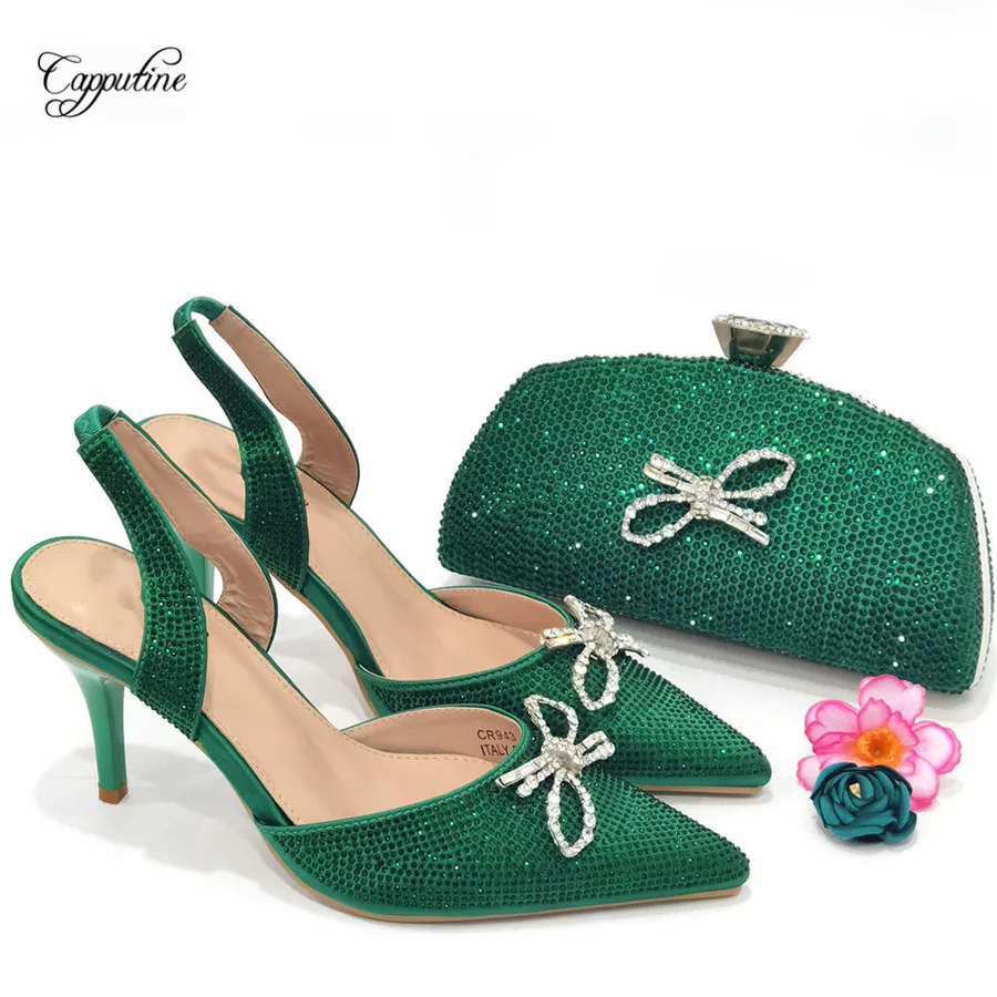 

Green Women Shoes And Bag Set To Match African Ladies Thin Heels Pumps With Handbag Sandals Clutch Fashion Escarpins Femme CR943