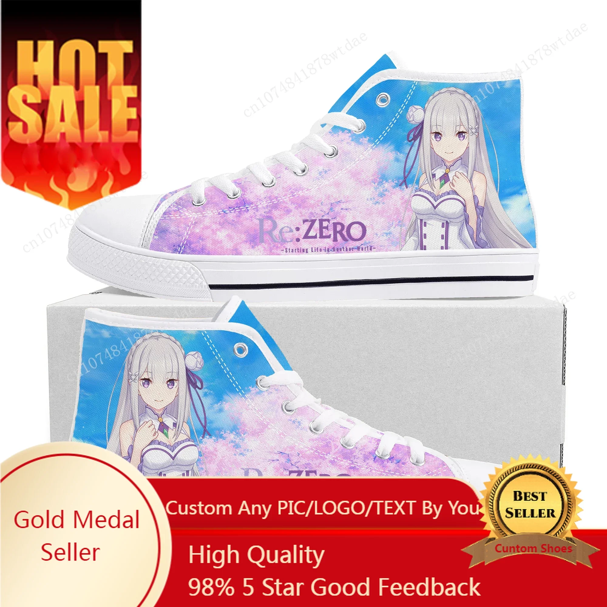 Re:Zero High Top Sneakers Mens Womens Teenager Emilia High Quality Canvas Sneaker Cartoon Comics Manga Couple Customized Shoes