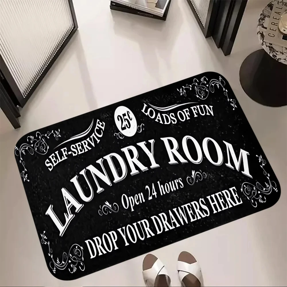 Laundry Room Floor Mat Cartoon Clothes Text Pattern Carpet for Bathroom Bath Area Anti-Slip Indoor Decor Home Kitchen Foot Rug