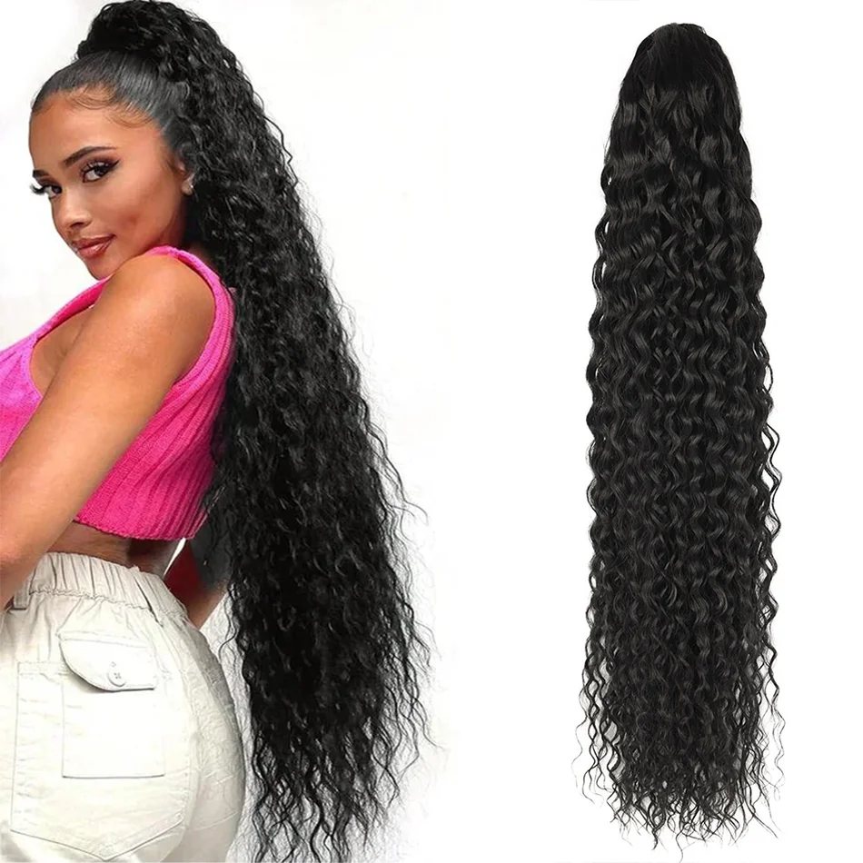 

34-дюймовый хвост с волнистыми волнами, синтетический хвост на шнурке, зажим для наращивания волос, органический черный искусственный хвост для женщин, ежедневное использование