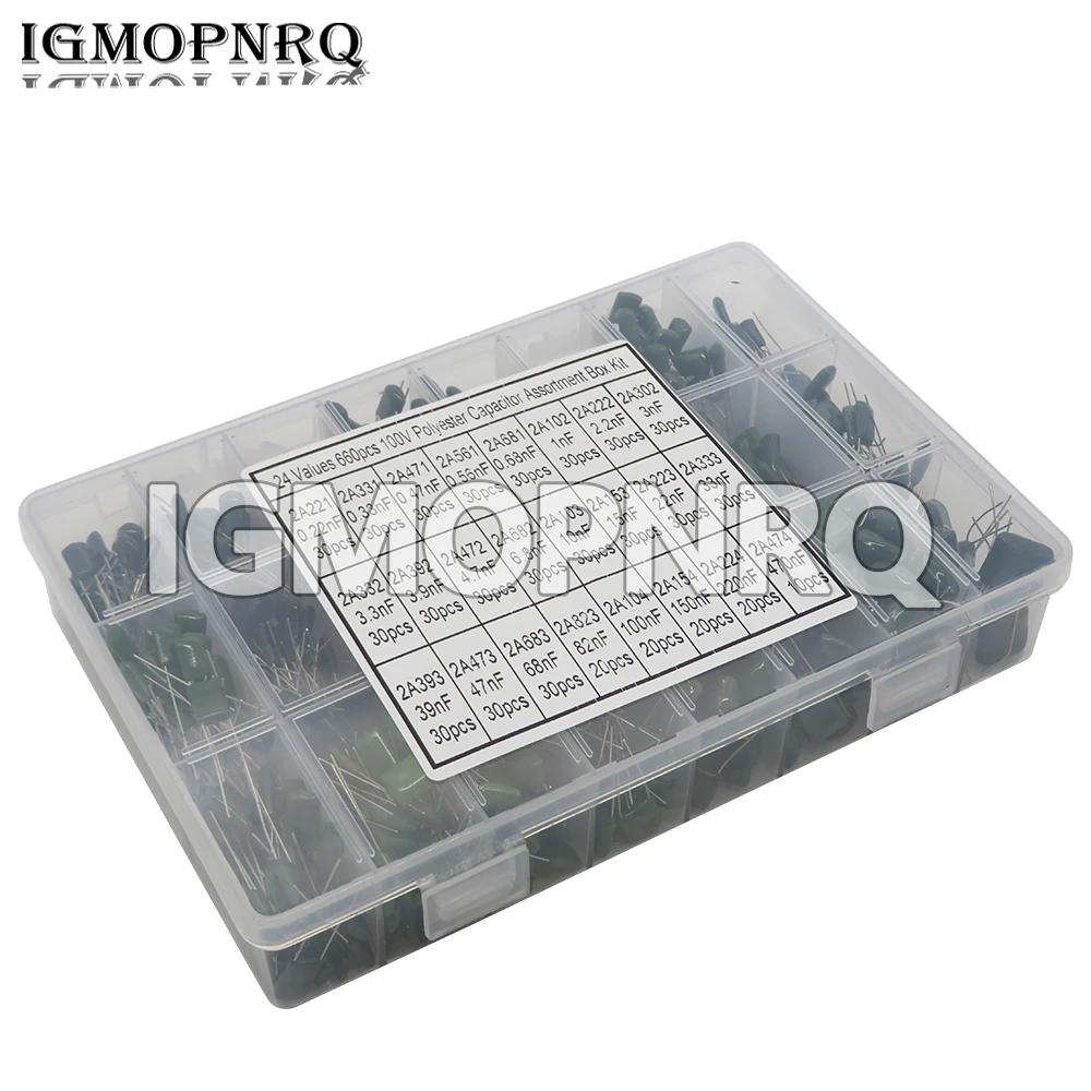 

660 шт./лот, 24 значения, комплект конденсаторов, 100 В, 2A221J до 2A474J, комплект конденсаторов из полиэфирной пленки, 0,47 нФ, 0,68 нФ, 1 нФ, 2,2 нФ, конденсаторы
