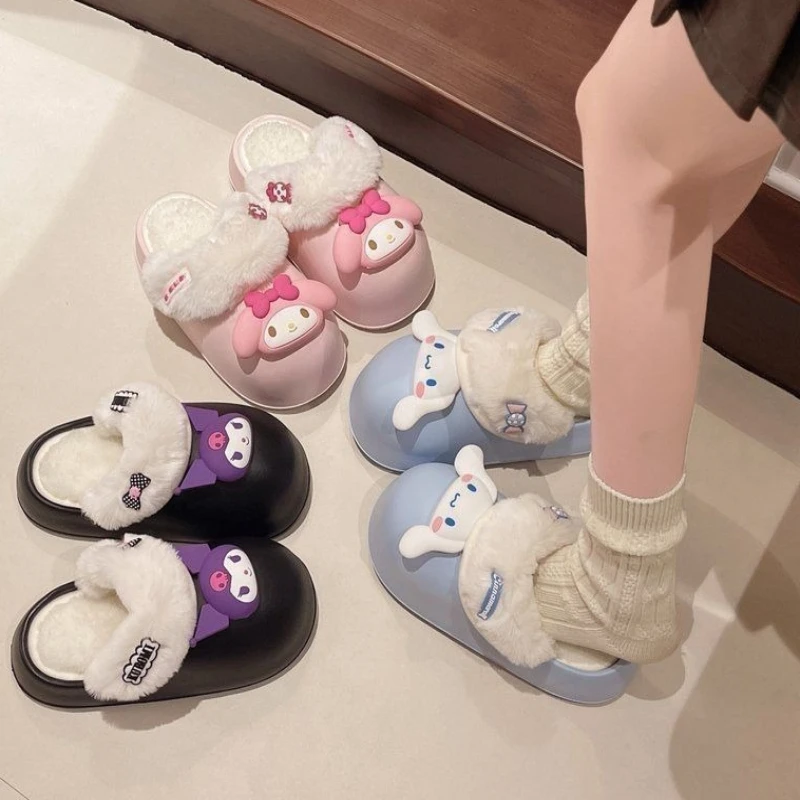 

Sanrio Hello Kitty Women Slippers Cute Cartoon Kuromi Winter Warm Slippers Detachable Waterproof Non-slip Home Shoes Gifts