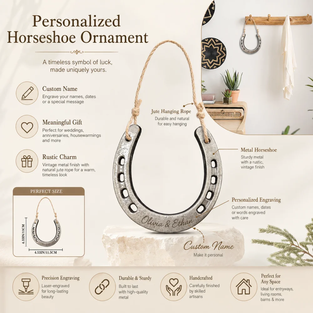 Personalized Horseshoe,Custom Engraved Name Ornament,Lucky Horseshoe Wall Hanging,Couple Custom Gift,Housewarming Good Luck Sign - view 4
