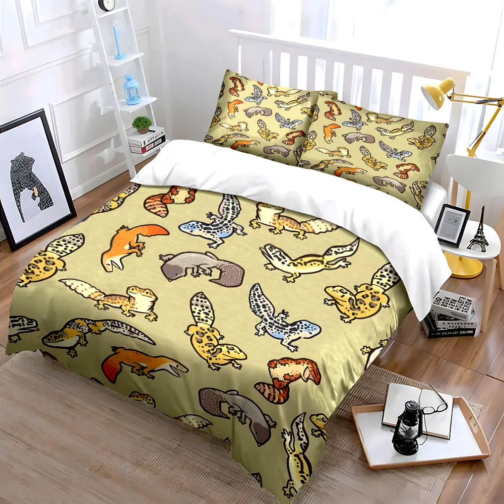 Gecko Pattern Decorative Set Soft Skin-Friendly Bedding Set Includes 1 Duvet Cover And 2 Pillowcase, Gift