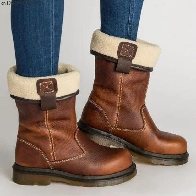 

Women's Vintage Leather Brown Round Toe Cosplay Boots Winter Slip-on Style Mid-Calf Fur Lined Turn-up Cuff Low Heel Shoes