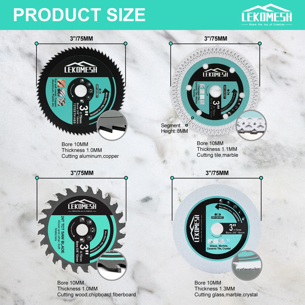LEKOMESH 1/4Pcs 75mm Cutting Disc for Wood Glass Metal Ceramic Tile  3inch Marble Circular Saw Blade Mini Cutter Plate