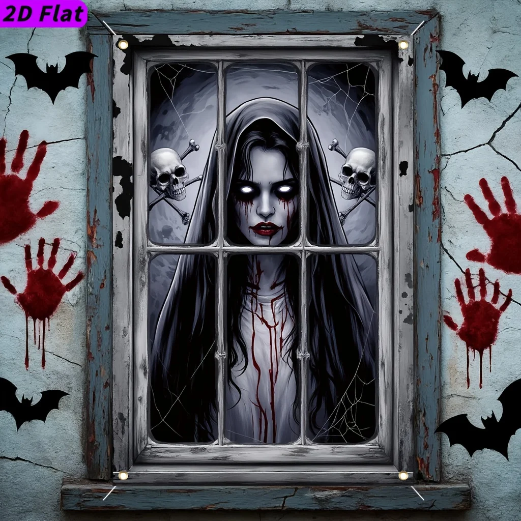 2D flach, Gothic Horror Halloween Fensterbanner, blutig, Totenkopf, Fledermaus und Handabdruck, große Geisterhausdekoration, Stoffinnenraum