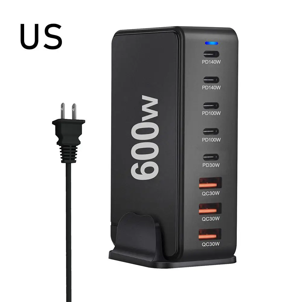 600W Desktop GaN Quick PD-oplader 8 poorten USB Type C VS EU AUS UK Plug Adapter Mobiele telefoon Laptop PC Oplaaddock Stand