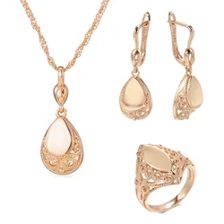 Wbmqda 3Pcs Vintage 585 Rose Gold Color Glossy Hollow Necklace Earrings Ring For Women Ethnic Bride Wedding Party Jewelry Stes