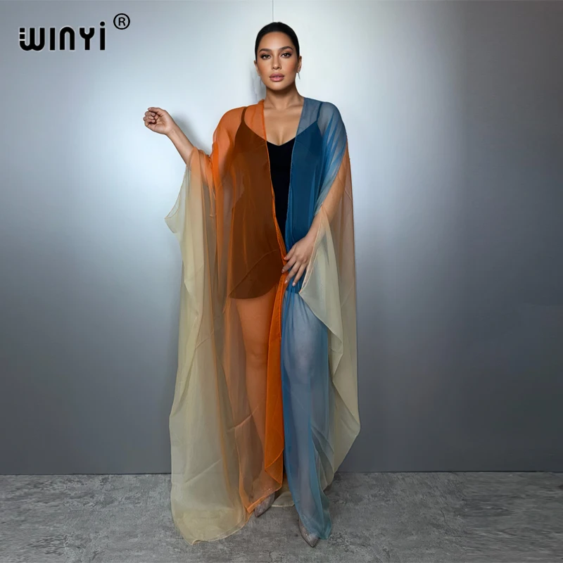 

WINYI Catwalk Kimono Women Printed bubble hem coat Long Sleeve Cardigan abaya dubai luxury beachwear Cover Up boho dress Caftan