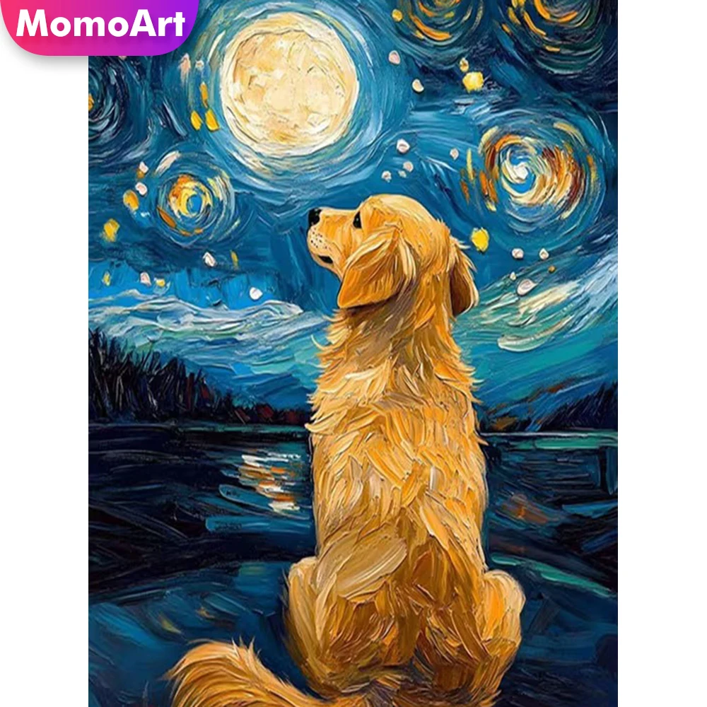 Momoart DIY Diamantmalerei Hunde-Motiv für Erwachsene Anfänger Diamant-Mosaik Mond-Stickerei Wohnzimmer-Kunsthandwerk