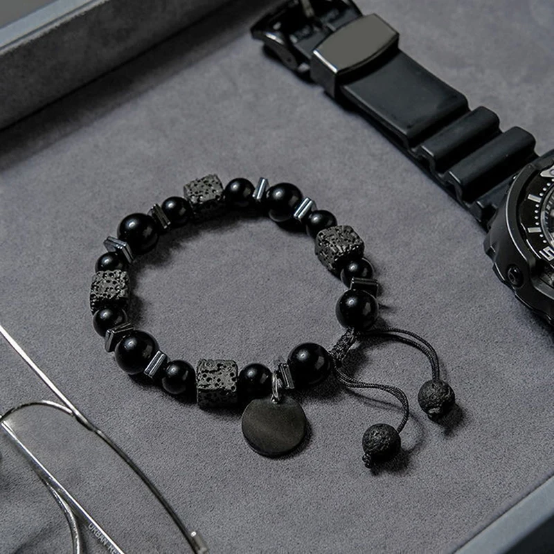 Black Bracelet Lava Square Volcanic Stone Bracelet Men\'s Matte Black Glass Beads Adjustable Bracelet Bracelet Charm Bracelet