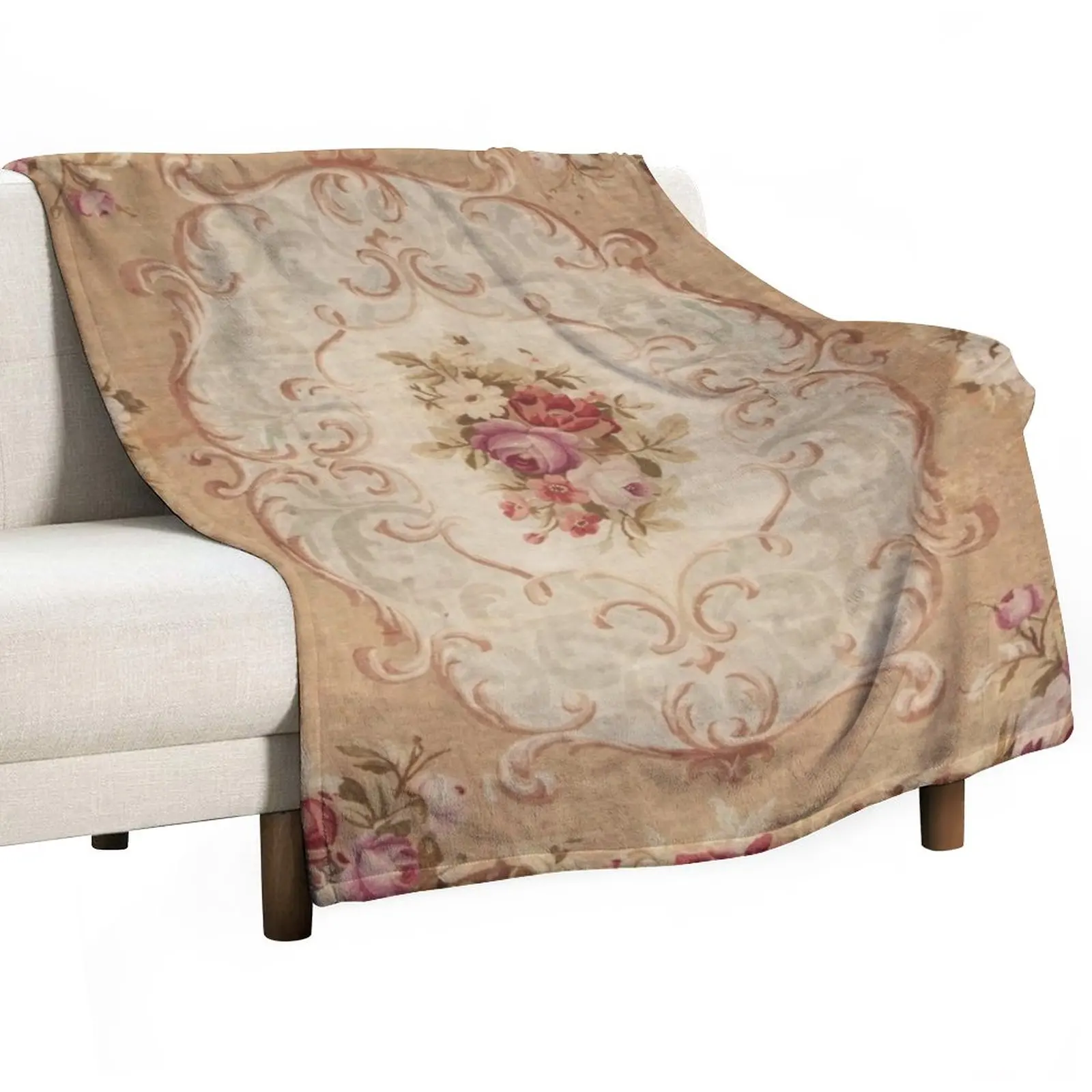 Antique Rose Floral French Aubusson Rug Print Throw Blanket Designer Blankets Giant Sofa Blanket