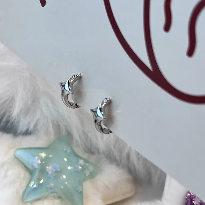 New Trendy Four-pointed Star Hoop Earrings For Women Simple Asymmetric Silver Color Earring Aesthetic Jewelry Gifts