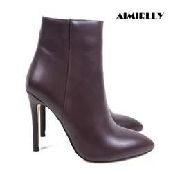 Women Wine Red Pointed Toe Ankle Boots High Hee Stiletto Autumn Winter Dress Booties