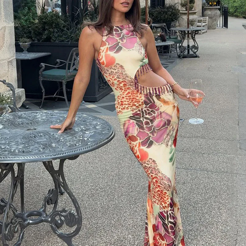 Elegant Bag Hip Hollow Tassel Dress Temperament O-Neck Off Shoulder Slim Club Party Dress Fashion Pattern Print Sleeveless Dress