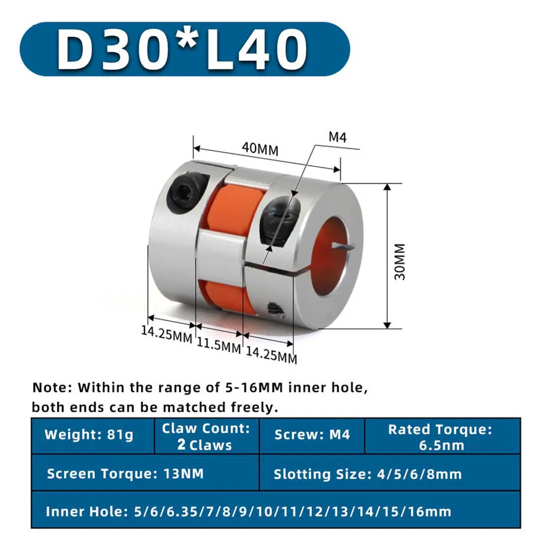 

Coupler Aluminium Flexible Plum Elasti Coupling D30 X L40 2 Jaws 6/6.35/7/8/9mm CNC Motor Encoder Connector